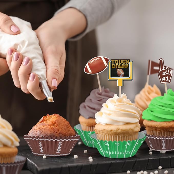 Football Party Supplies: 96-Count Football Cupcake Liners & 96pcs Cupcake Toppe -Game Day, Birthday, and Tailgate Parties - Premium Football Cake Decorations - Football Party Favors