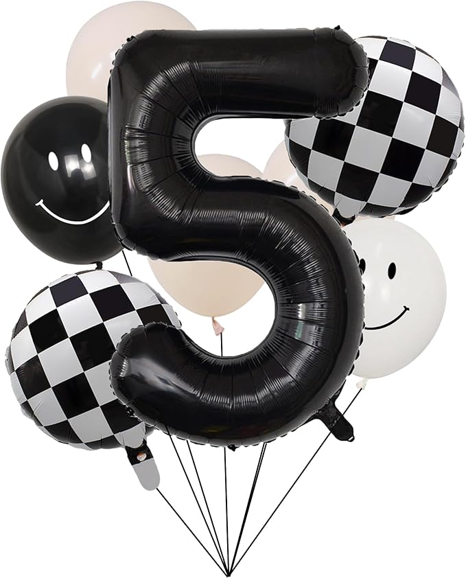 100% LIKED- 40” Black Five|Black & White Smiley Face Latex |Checkered Foil for Birthday Decorations, Smiley Face Party Deco, Baby Shower,3rd Birthday Party Supplies