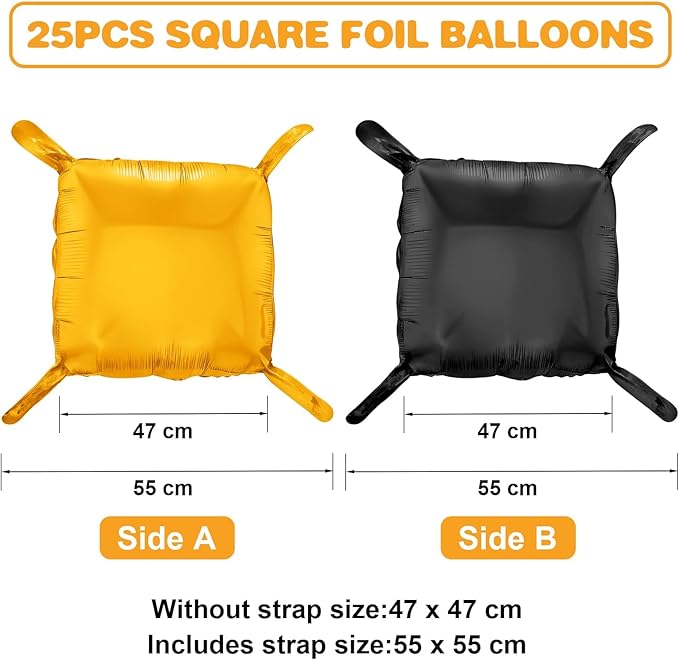 Black Orange Square Foil Balloon Wall,25Pcs Double Sided Foil Balloons Backdrop Helium Polyester Tunnel Arch Garland Kit for Birthday Graduations Anniversary Baby Shower Party Decorations