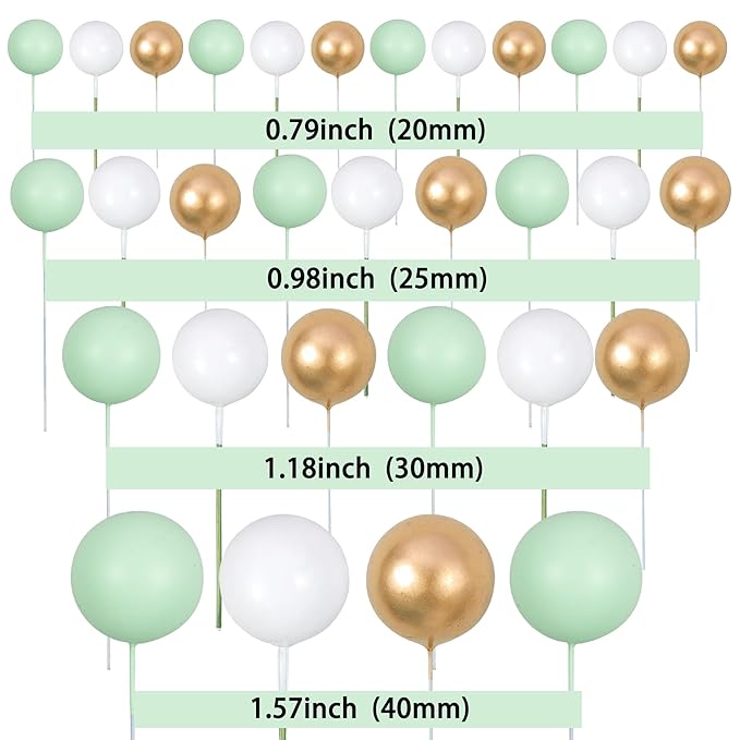 Gyufise 30Pcs Balls Cake Topper Mini Balloons Cupcake Topper DIY Cake Insert Topper Foam Cake Balls Baking Decoration for Wedding Anniversary Valentines Day Birthday Party Green Gold White