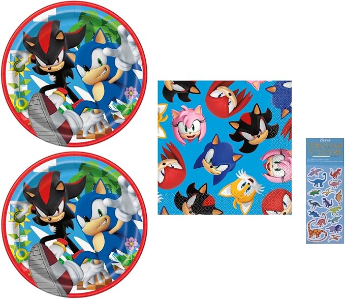 Sonic Birthday Party Supplies Bundle includes 16 Dessert Cake Paper Plates 7", 16 Paper Napkins 6.5", 1 Dinosaur Sticker Sheet