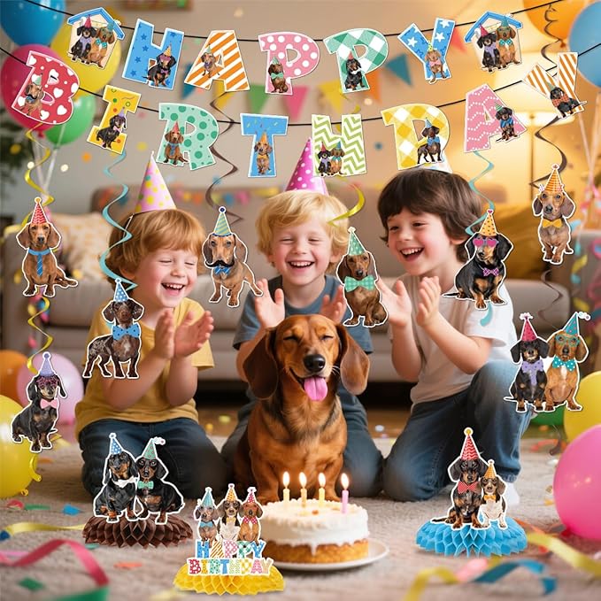 Dachshund Dog Birthday Decorations Include Happy Birthday Banners Dachshund Hanging Swirls Honeycomb Centerpiece Puppy Pet Dog Birthday Theme Party Supplies