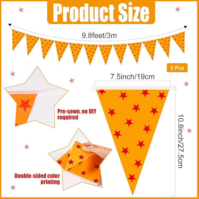 Tiamon 5 Pcs Anime Theme Dragon Birthday Banner Decoration Yellow and Red Stars Print Pennant Bunting 49.2 Ft Stars Beads Triangle Flag for Kids Birthday Teenager Cartoon Animation Party Decoration