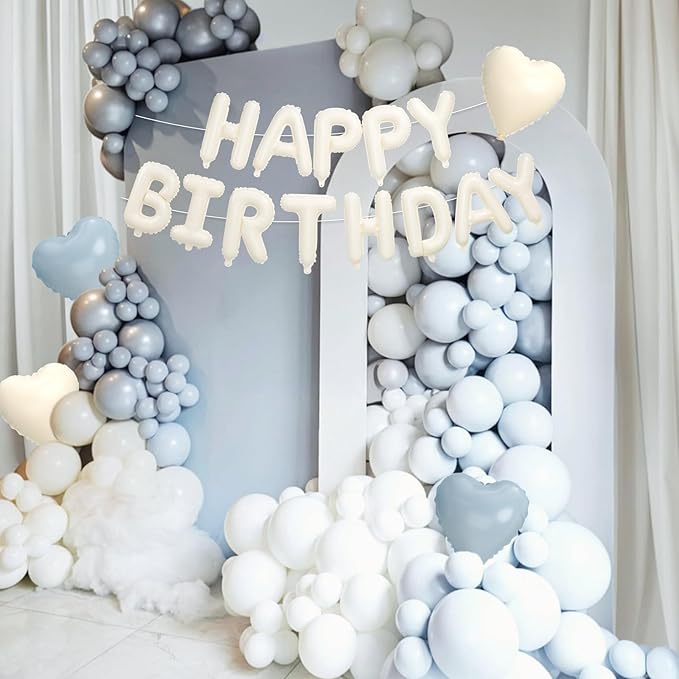 29PC Blue Heart Happy Birthday Balloon Banner, 16Inch 3D Aluminum Letter Banner Sign, Dusty Blue Metallic Gold Sand White Balloon 18 Inch Heart Foil Balloons for Boy Baby Shower Decorations