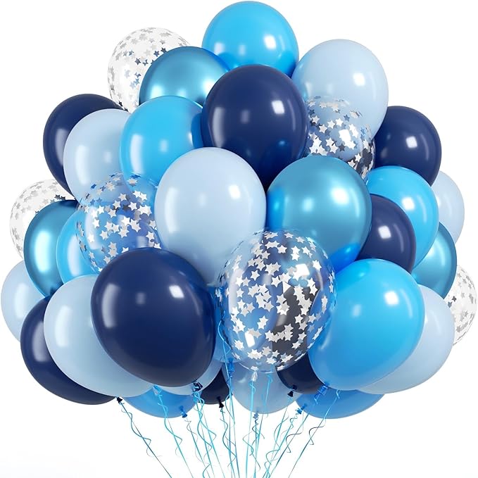 FunHot Blue Balloons, 50 Pcs Navy Blue Balloon, 12 Inch Metallic Silver Star Confetti Latex Balloons for Boy Baby Shower Men Birthday Graduation Wedding Anniversary Retirement Starry Sky Party Decor
