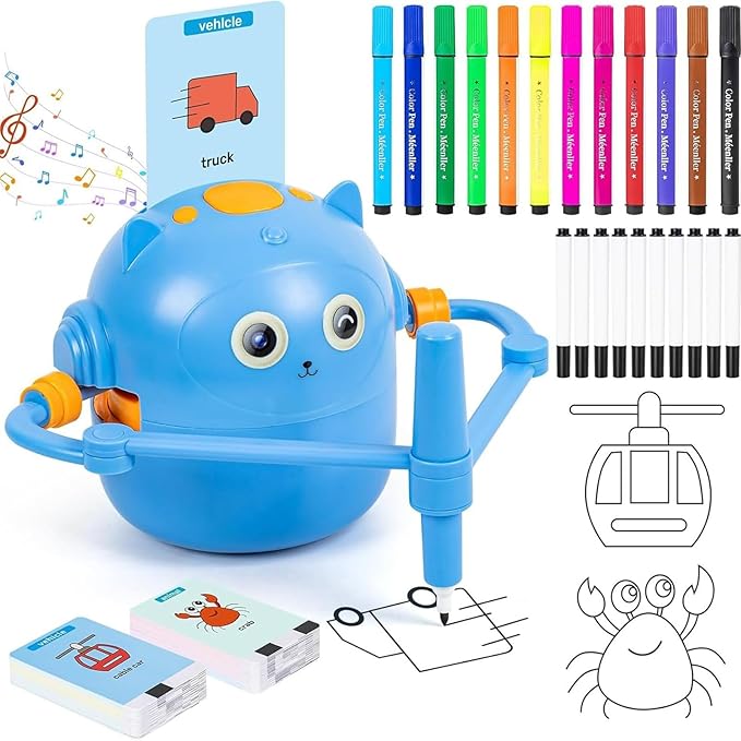 Drawing Robot for Kids, Interactive Kids Drawing Robot, Fun Drawings Robots Toy with Voice 100 Word Cards & 12 Color Pens, Educational Creatively Children Drawings Robots Painting Toy, for Boys Girls