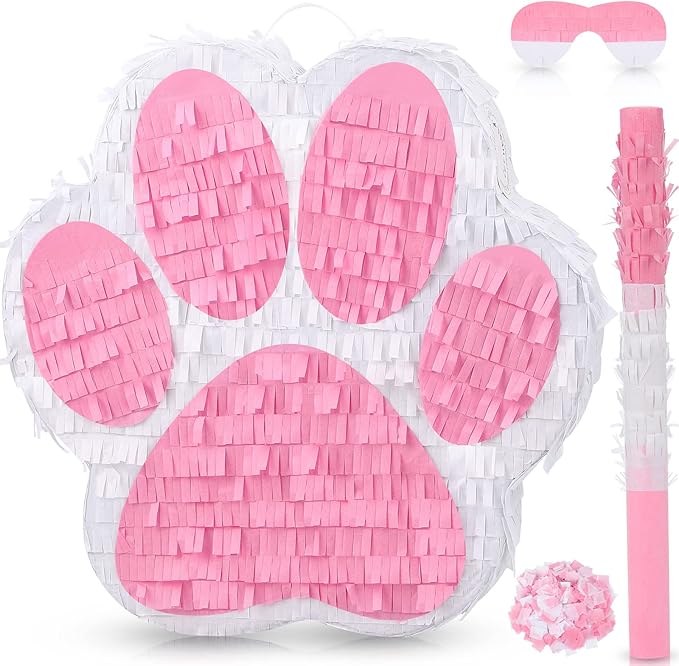 Small Dog Paw Piñata Puppy Birthday Party Supplies Animal Themed Birthday Piñata with Blindfold Bat Confetti for Pet Cow Themed Party Baby Shower Decorations Favors(Pink)
