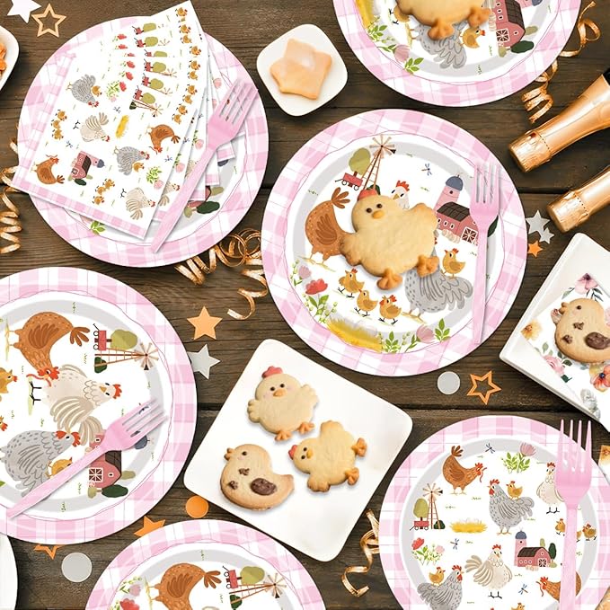 96Pcs Chicken Birthday Party Decorations Supplies – Farm Animal Barnyard Hen Chick Tableware Set, Plates Napkins Forks for Baby Shower Chicken Themed Party Dinnerware, Serves 24