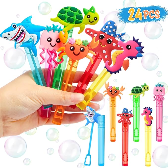 Winrayk Under the Sea Party Favors, 24Pcs Ocean Animal Mini Bubble Wands for Kids Bubbles Bulk with Detachable Topper (6 Styles & Colors), Summer Pool Beach Birthday Goody Bag Stuffer Classroom Prizes