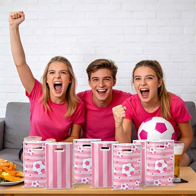 50Pcs Pink Soccer Party Favor Bags, Soccer Theme Plastic Candy Goodie Treat Gift Bag with Handles Football Team Sport Party Supplies Birthday Decoration Gift for Football Lovers