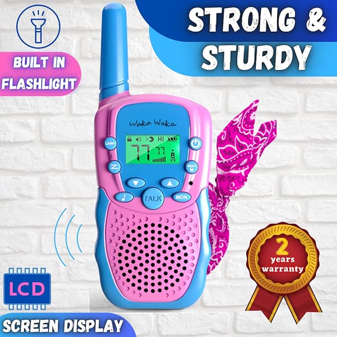 Waka Waka Walkie Talkies for Kids (2 Pack, Pink and Light Blue) — Long Range Two-Way Walkie Talkie Set with Bandanas and Whistles Included — Great for Indoor or Outdoor Play — Gift for Boys and Girls
