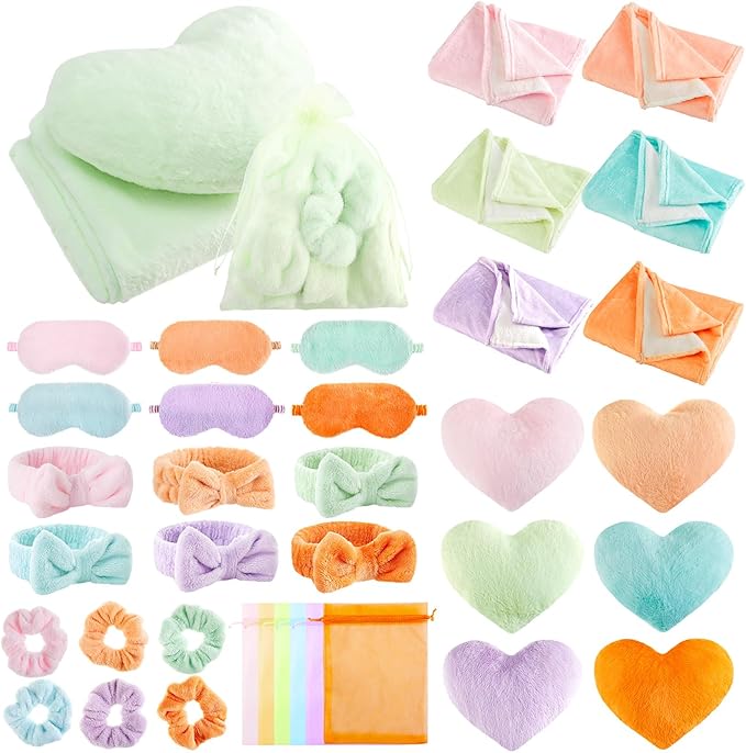 36 Pcs Sleepover Party Supplies for Girl Spa Slumber Birthday Favors Throw Blanket Pillow Eye Mask Headband Scrunchies (Solid Color,Macron Color)