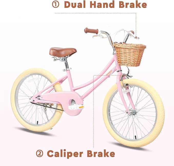 Petimini Vintage Kids Bike for Girls, 12–20 Inch Classic Bicycle with Wicker Basket & Bell, High Tensile Steel Frame, Training Wheels (12–18”), 85% Pre-Assembled, Retro Bike for Outdoor Riding