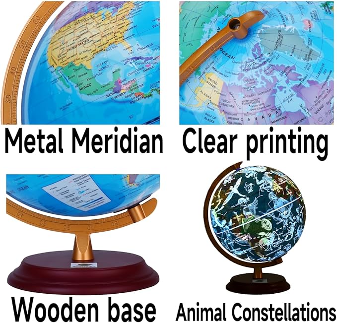 8-Inch LED Animal Constellation Globe for Kids, Education World Globe with Wood Base and Metal Meridian, Night Light Starry Sky & Daytime Map, STEM Learning Tools (Blue, 8 Inch)
