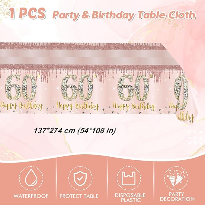 41Pcs 60th Birthday Decorations - Rose Gold Party Supplies Include Plates, Napkins and Tablecloth for Sweet Sixty Celebration