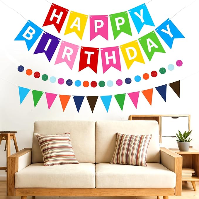 Colorful Happy Birthday Banner, Happy Birthday Decorations Hanging Birthday Sign Circle Dot Triangle Bunting for Women Men Girl Boy Party Supplies