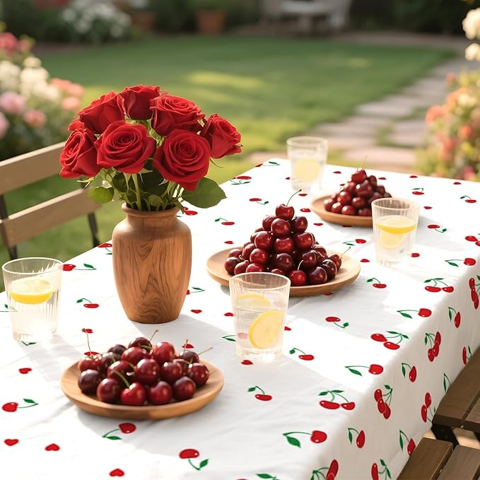 Grencian 3Pcs Cherry Tablecloth Cherry Table Cover Plastic Rectangle Fruit Theme Table Cloth for Cherries Birthday Wedding Bridal Baby Shower Party Decorations, 54 X 108 Inch
