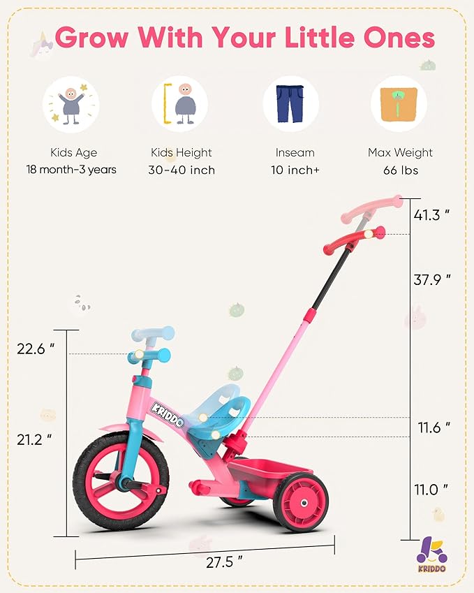 KRIDDO 3-in-1 Toddler Tricycle for Kids 18 Months to 3 Years, Tricycle for 2 Years with Parent Steering, Extra Wide Seat, Large Basket, Easy-to-Carry Seat, Gift for Boys and Girls Age 2-3, Pink