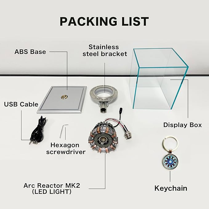 Arc Reactor MK2-1:1 Scale, USB Powered LED Light with Vibration Sensor, No Assembly, Display Case Included
