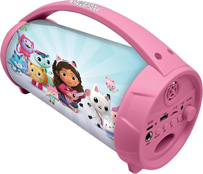 Lexibook, Gabby's Dollhouse, Wireless Light Speaker with Mic, Stereo Audio, Karaoke Function, USB and SD Card Ports, Rechargeable Battery, Handle to Take Everywhere, Pink, BTP585GDHZ