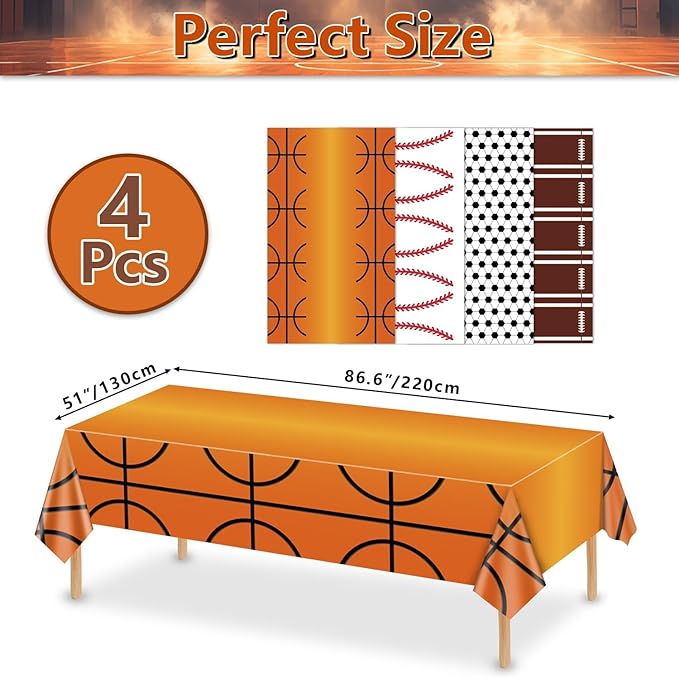 4 Pcs Sports Themed Party Tablecloths, Soccer Baseball Basketball Football Table Covers for Sports Themed Party Decorations Boys Birthday Party Supplies, 51 x 86 inches
