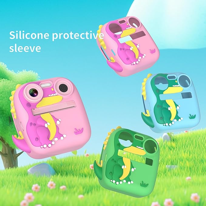 Kids Camera Instant Print,Boy Girls Toys Digital Camera with Print Paper&32G TF Card,Dinosaur Selfie Camera with Color Pens & Stickers,Kids Video Camcorder Learning Camera w Lanyard,Birthday Gift