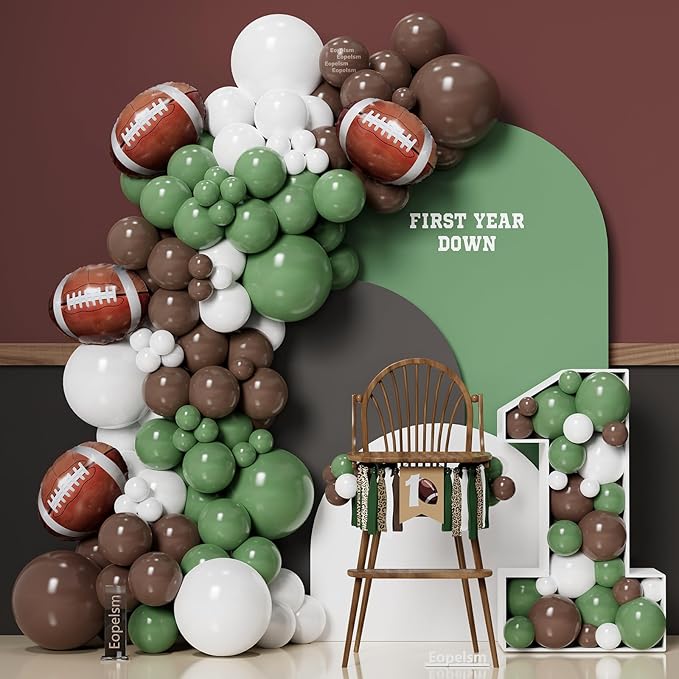 Football Balloon Garland Arch Kit 131Pcs Sage Green and Coffee Brown Balloons with Football Foil Balloon for Touch Down Rugby Super Bowl Sport Theme Party Decorations