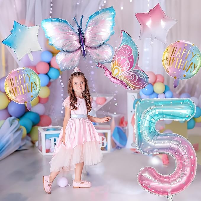 Butterfly Balloons - 5th Birthday Decorations for Girls, Gradient Pink Colorful Foil Balloons, Giant Number 5 Foil Mylar Balloon, 5 Years Old Butterfly Theme Party Supplies
