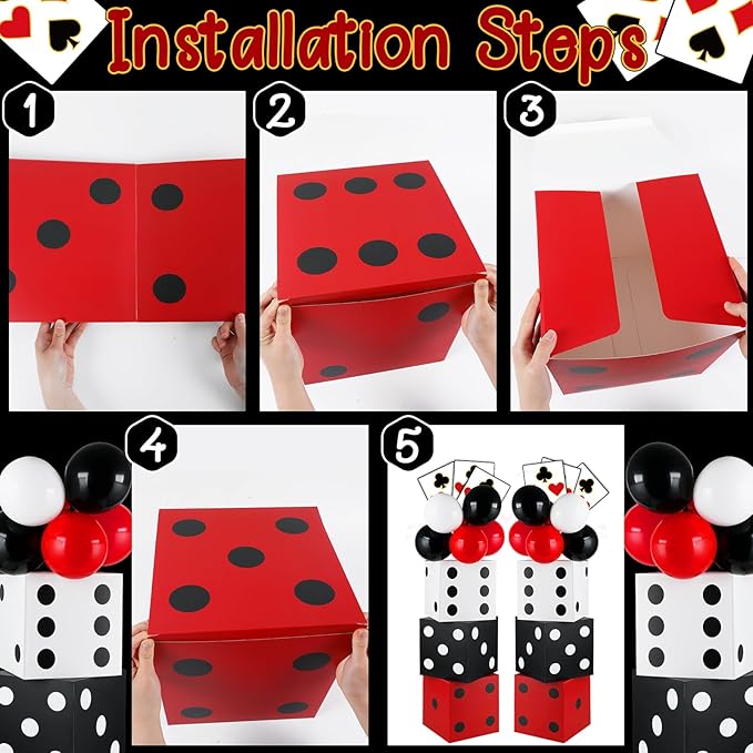 CHUNNIN 60 Pcs Casino Theme Party Decoration Casino Party Boxes Balloon Poker Cards 11 Inch Large Dice Favor Boxes 6 Pcs Jumbo Playing Cards for Dice Game Night Table Centerpieces Birthday Supplies