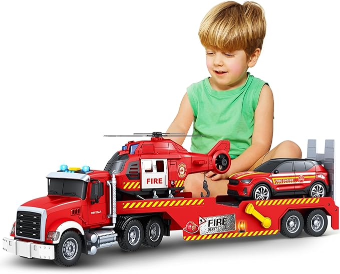 Toddler Boy Toys for 3 4 5 6 7 Years Old Kids, 21" Semi Fire Truck Toy with Racing Car and Helicopter, Friction Powered Toys with Lights and Sounds, Birthday for Boy Girls