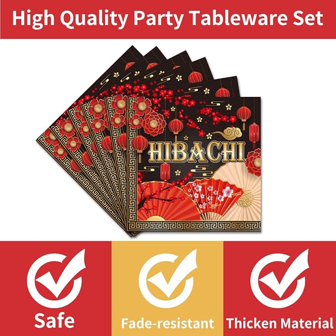 96PCS Hibachi Plates and Napkins Party Supplies Hibachi Japanese Birthday Party Decorations Asian Japanese Style Themed Disposable Paper Tableware Set Serves 24 Guests