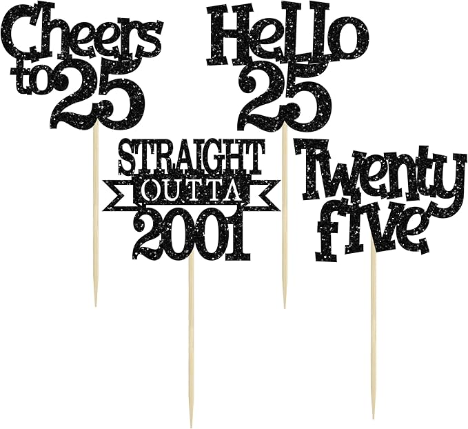 Ephlyn 24Pcs 25th Birthday Cupcake Toppers Glitter Straight Outta 2001 Cupcake Picks Hello 25 Cheers to 25 Years Cake Decorations for 25th Birthday Anniversary Party Decorations Supplies Black