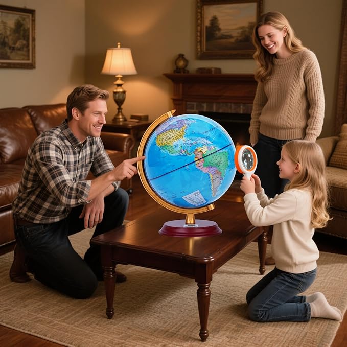 8-Inch LED Animal Constellation Globe for Kids, Education World Globe with Wood Base and Metal Meridian, Night Light Starry Sky & Daytime Map, STEM Learning Tools (Blue, 8 Inch)