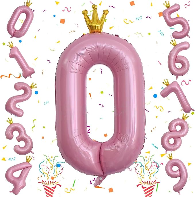 Light Pink Number 0 Balloons for Girls, 40 Inch Foil Large Pastel Pink, Crown 0-9 Set Number Balloon for Women Birthday Party Baby Shower Anniversary Graduation New Year Party Decoration Supplies