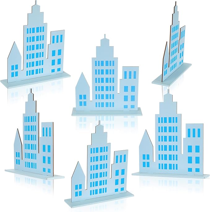 Geelin 6 Pcs Skyscraper Party Decorations Hero Party Decorations New York City Wood NYC Centerpieces City Skyline Building Decor for Comic Birthday Favors Supplies(Solid Style,Blue)