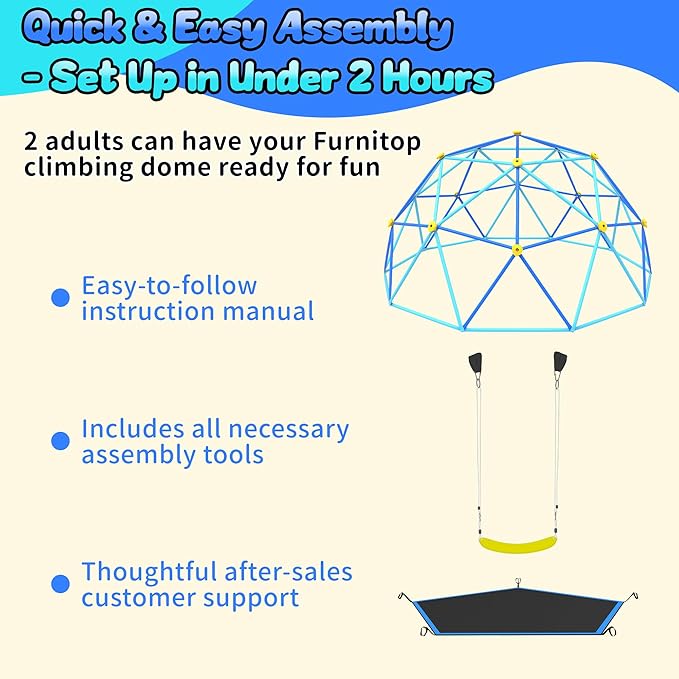 Gardenature 10FT Climbing Dome with Hammock and Swing, Outdoor Jungle Gym for Kids, Geometric Dome Climber Supporting 880 Lbs Anti-Rust Metal Outdoor Play Structure ASTM Approved Blue