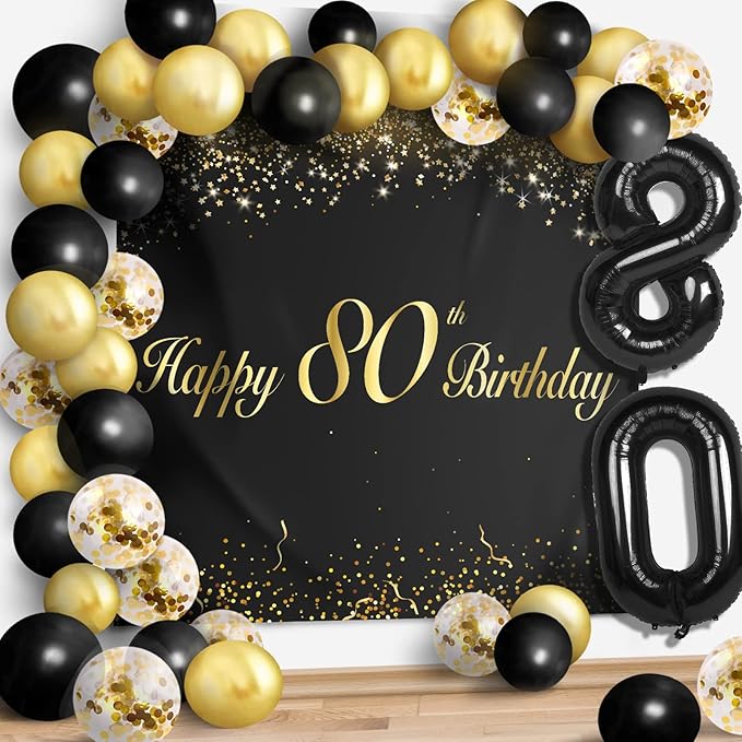 Happy 80th Birthday Balloons Black Set Decor - Cheers to 80 Years Old Party Theme Garland Banner Backdrop Decorations For Women and Men Supplies