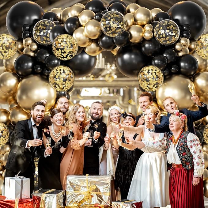 155Pcs Black and Gold Balloon Garland Arch Kit with Gold Confetti Balloons for Graduation New Year Birthday Wedding Party Decorations