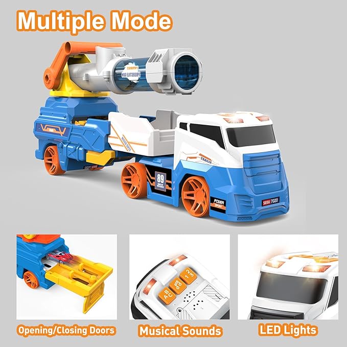Dwi Dowellin Truck Toys Kids Toys, 28"Carrie Truck Race Track Car Toys Include 4 Race Cars+6 Soft Balls, Light&Sound, Eejection&Shooting Transport Trucks Toy, Xmas Gifts for Toddlers 3+ Year Old-Blue