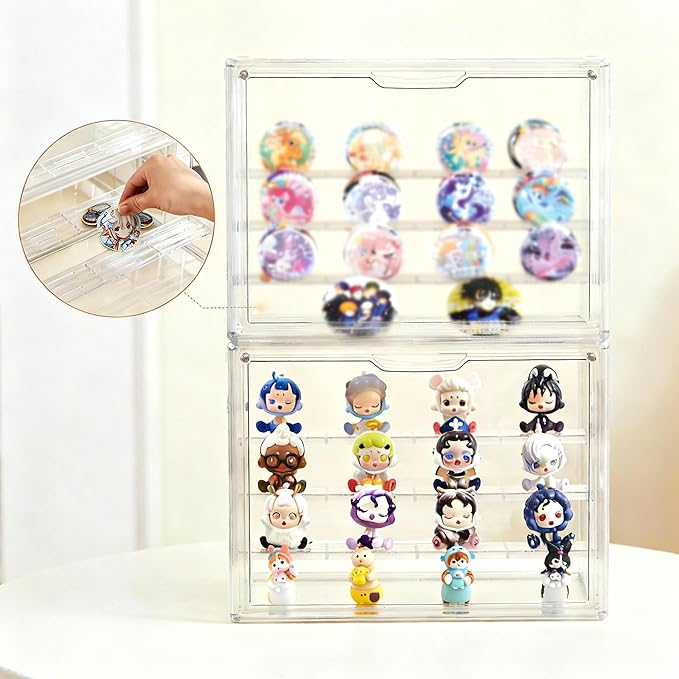 Clear Acrylic Display Case for Figures 4 Layer Figure Display Shelf with 3 Movable Plate Stackable Display Box with Magnetic Door for Collectibles 1 Pack