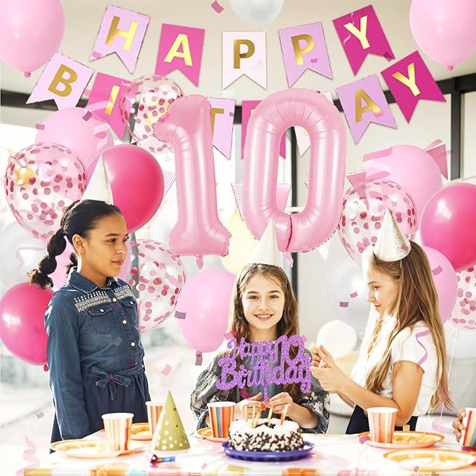 10th Birthday Decorations Pink, Happy 10th Birthday Party Decorations With Number 10 Balloons Pink Confetti Hot Pink Balloons Fringe Curtain Banner Cake Topper For Girl 10th Party Supplies