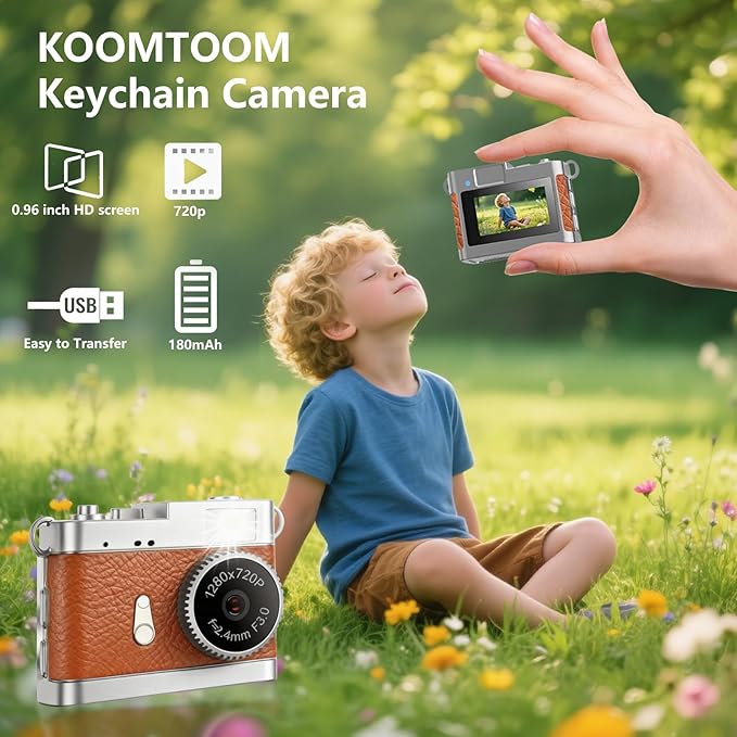 KOOMTOOM Keychain Camera,720P HD Mini Retro Camera,Tiny Digital Photocamera with 32GB SD Card,0.96'' Pocket Video Recorder Gift for Kids Students,Suprise Box Included(K142 - Red Brown)
