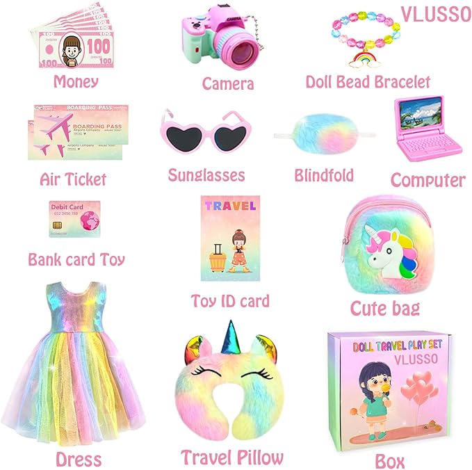 19Pcs 18 inch Girl Doll Accessories Case Luggage Travel Play Set with Clothes Camera Travel Pillow Bag Dress Glasses Stuff Fit 18 inch Doll Christmas Birthday Gift