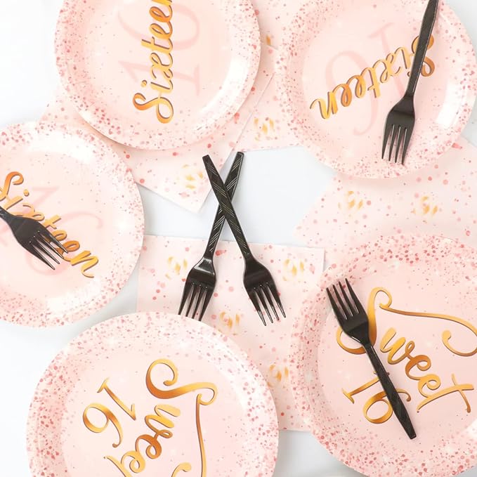96 Pcs Rose Gold Sweet 16 Birthday Party Plates and Napkins Party Supplies Sixteen Birthday Party Tableware Set 16th Party Decorations Favors for Girls Birthday Serves 24