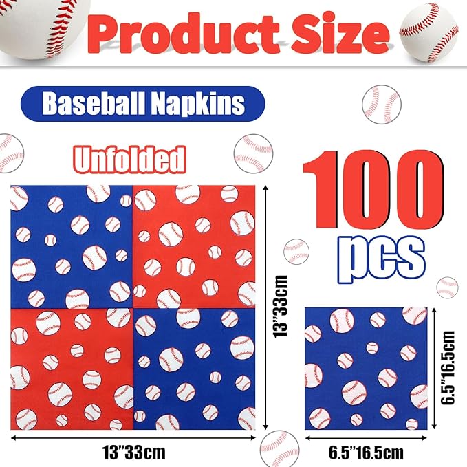 100Pcs Baseball Napkins, Disposable Baseball Paper Napkins, Picnic Napkins for Sports Fans Kid Adult Birthday Party Supplies, 13 x 13 Inches