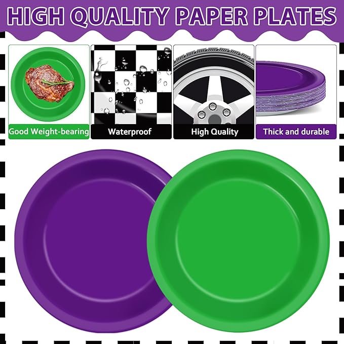 60Pcs Monster Truck Party Paper Plates Green Purple Monster Truck Birthday Party Supplies 7 Inch Black and White Checked Theme Disposable Dinner Dessert Cake Plates for Kids Racing Car Birthday Decor