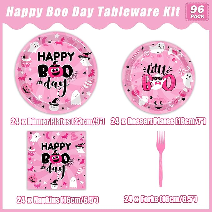96Pcs Pink Halloween Birthday Party Decorations, Halloween Happy Boo Day Party Plates and Napkins Set Supplies Halloween Little Boo Ghost Baby Shower Tableware Decor for Girl, Serves 24