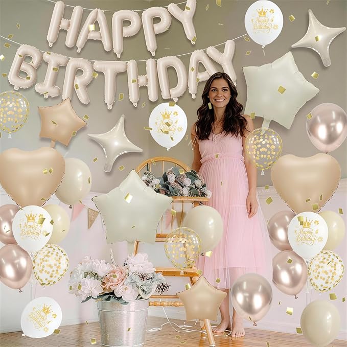 Boho Cream Beige Birthday Decorations for Women Neutral Nude Sand White Champagne Gold Print Balloons Gold Confetti Balloon Happy Birthday Banner Heart Balloons Star Balloon for Bday Party Supplies