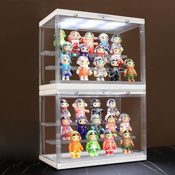 LED Acrylic Display Case 2Pack, Funko Pop & Collectibles -Dustproof Stackable Showcase with Adjustable Shelves & Magnetic Door - Ideal for Mini Figures, Toys & Jewelry Display