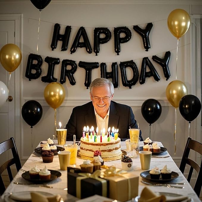27 Pcs Black Gold Birthday Decorations, 3D Letters Black Happy Birthday Balloon Banner, Pentagram Heart Foil Balloons Confetti Balloons Kit For Boys Girls Party Supplies